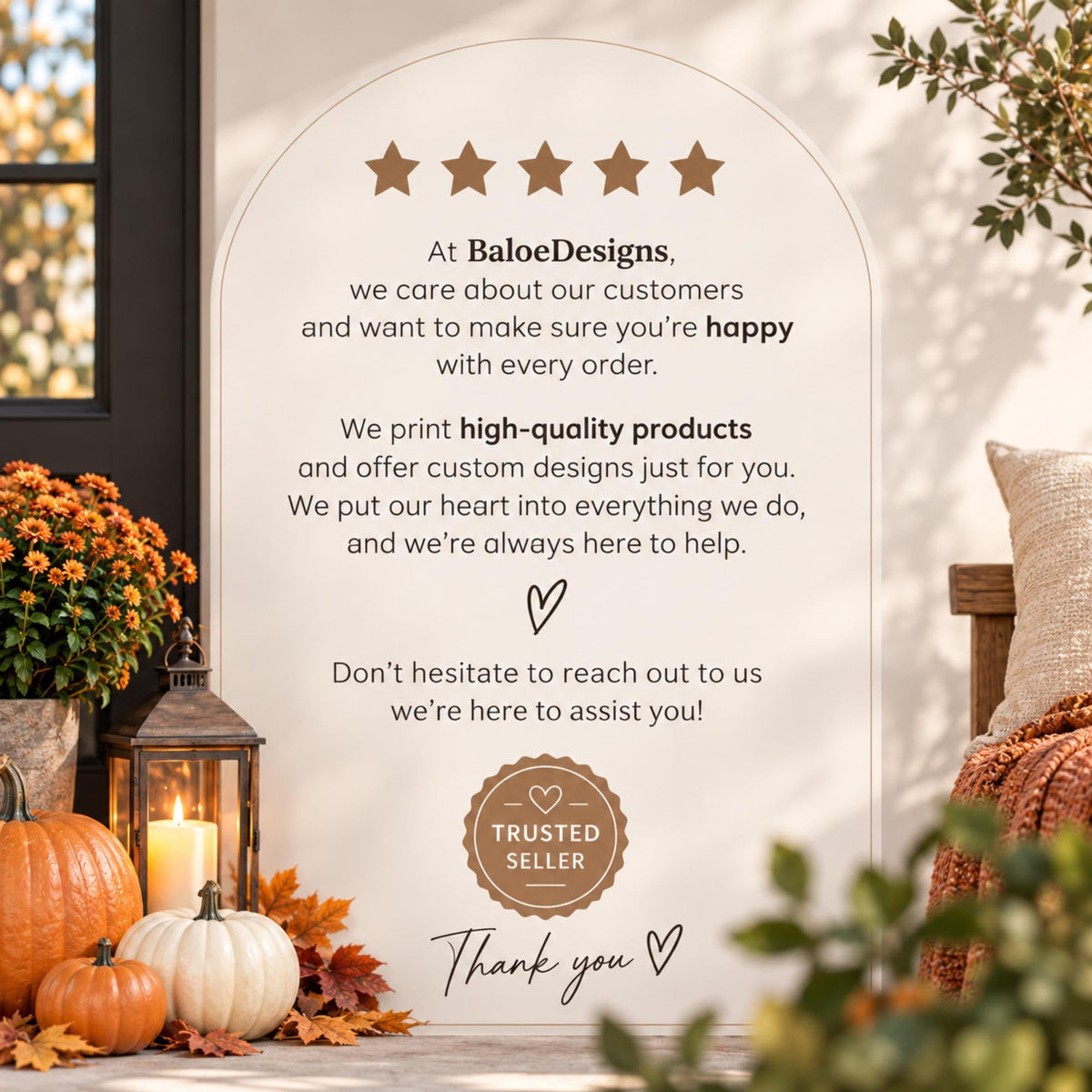 Baloe Designs customer care message about quality prints, custom designs and order support.