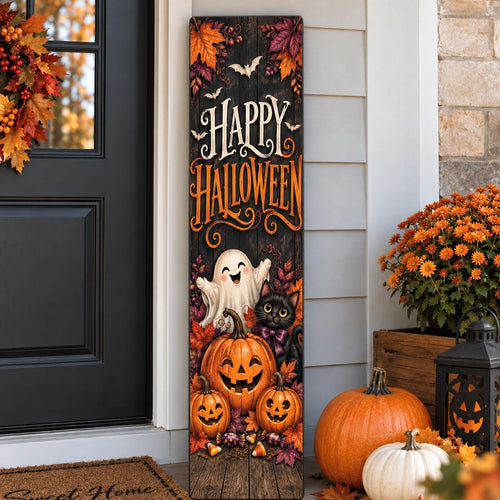 Happy Halloween Porch Sign – Ghost, Cat & Pumpkins