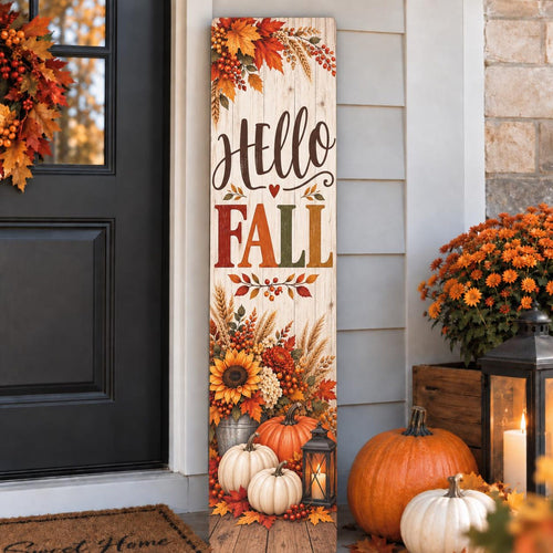 Hello Fall Porch Sign – Harvest Leaves & Pumpkins