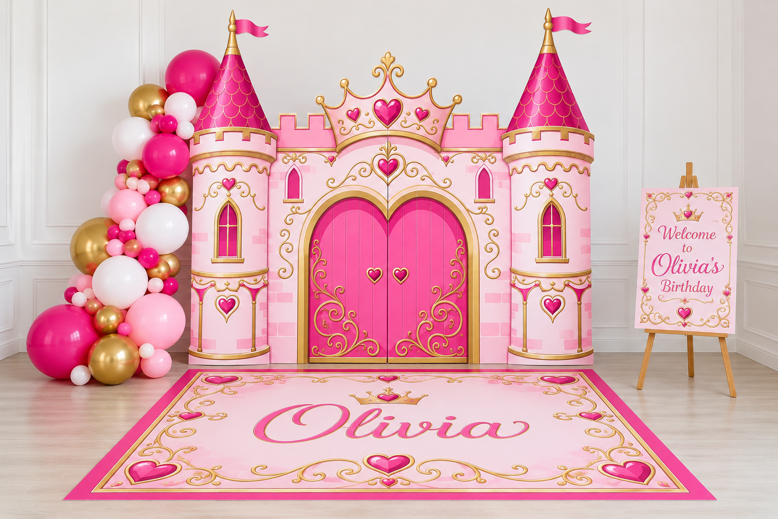 Coordinated pink castle backdrop, floor decal and smaller foam board welcome sign