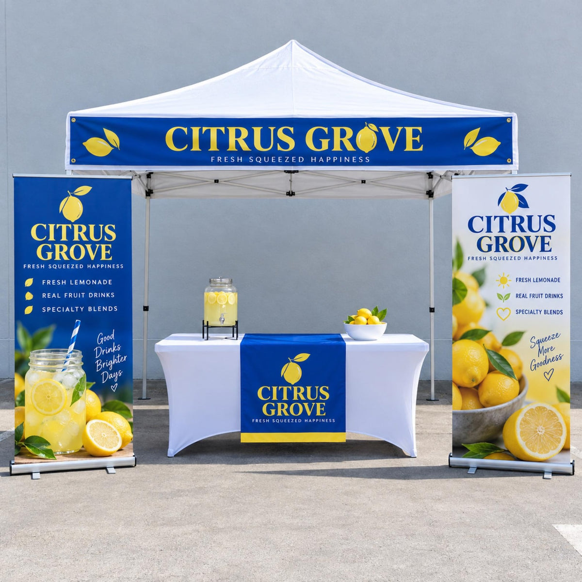 Custom vendor booth bundle with tent top banner, vinyl table runner and optional retractable banners — photo 20