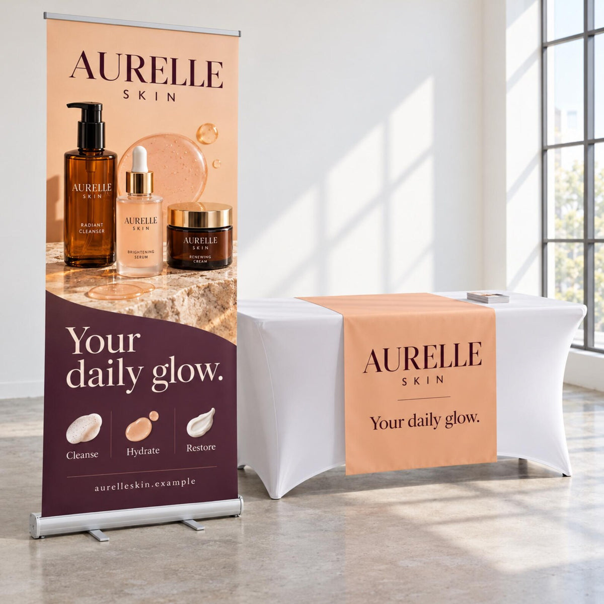 Aurelle Skin display with skincare banner and peach vinyl runner