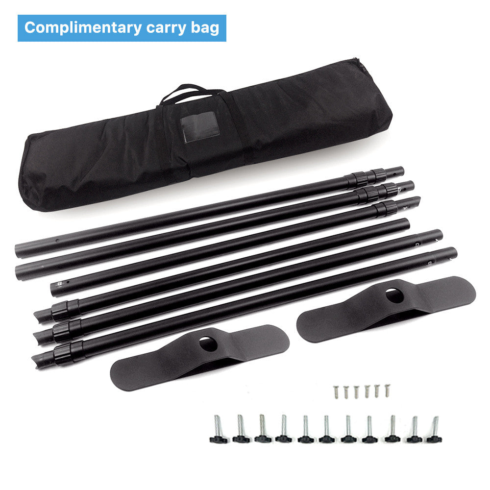 a set of black plastic carrying bags and tools