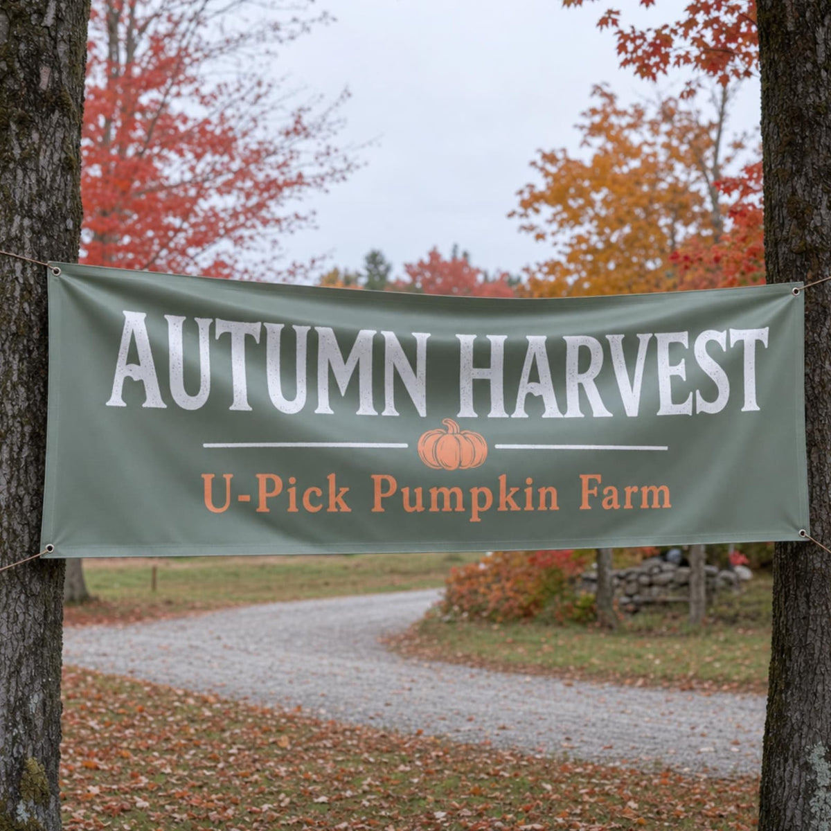 Green Autumn Harvest banner with U-Pick Pumpkin Farm wording hanging between trees with fall leaves.