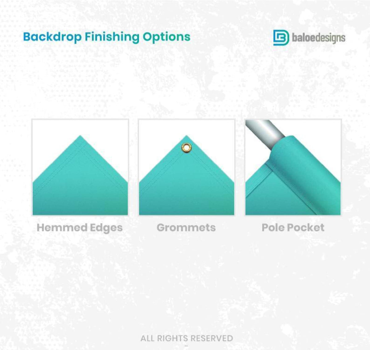Backdrop finishing guide showing hemmed edges, metal grommets and a pole pocket.