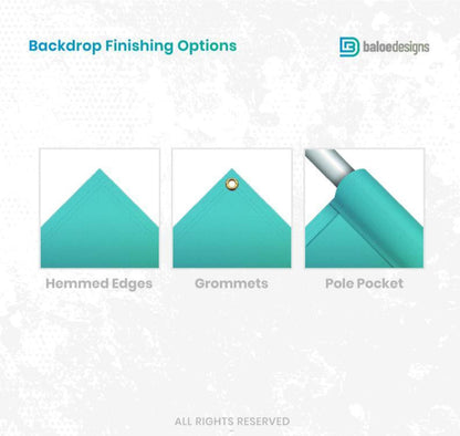 Backdrop finishing guide showing hemmed edges, metal grommets and a pole pocket.