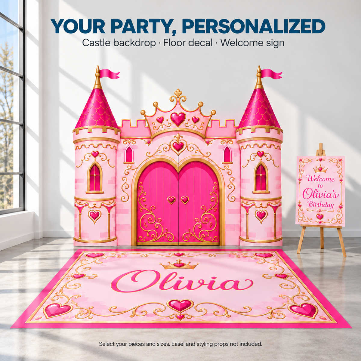 Coordinated castle party setup mockup with floor decal and welcome sign; select included pieces; props excluded