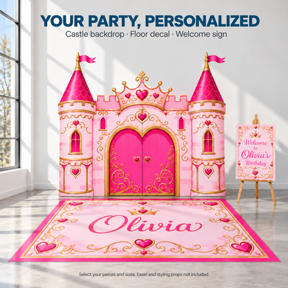 Coordinated castle party setup mockup with floor decal and welcome sign; select included pieces; props excluded