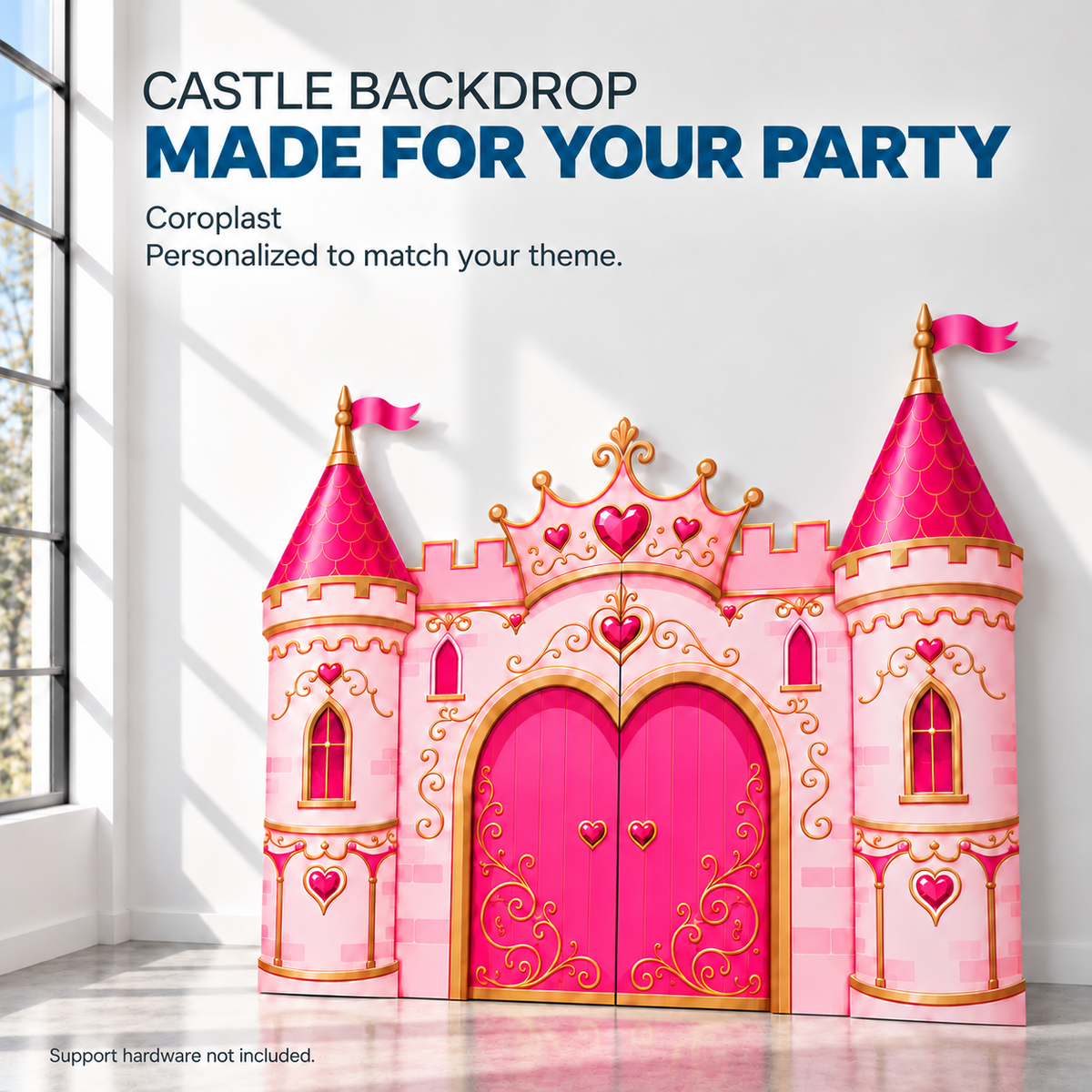 Personalized Coroplast castle backdrop mockup; support hardware not included