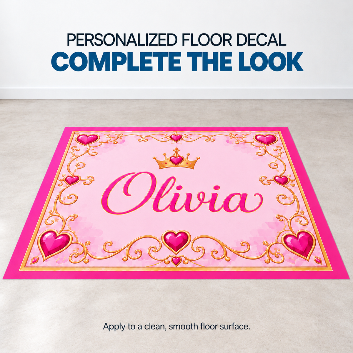 Matching personalized Olivia floor decal mockup on a clean smooth floor