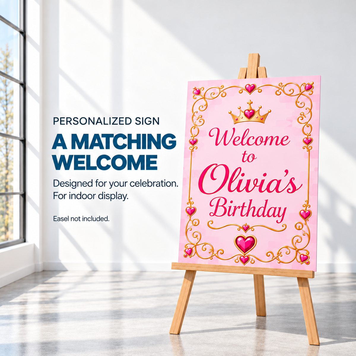 Matching personalized welcome sign mockup; indoor display; easel not included