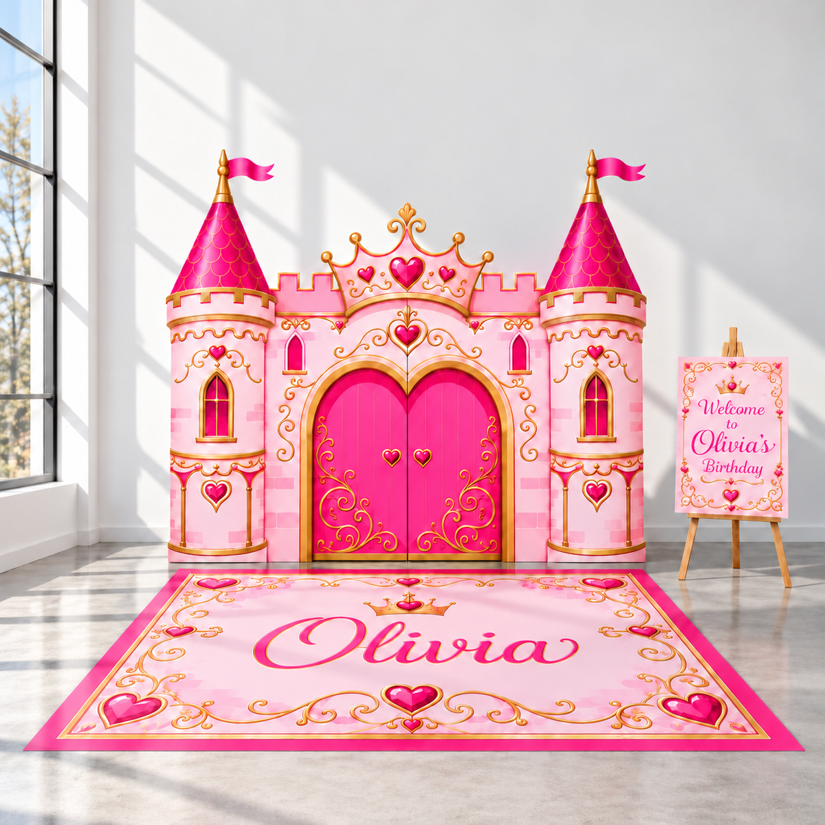 Coordinated pink castle, personalized floor decal and welcome sign mockup; styling props excluded