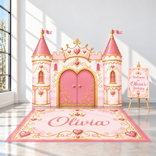 Personalized castle party bundle mockup — clean hero; selected printed pieces only; styling props excluded