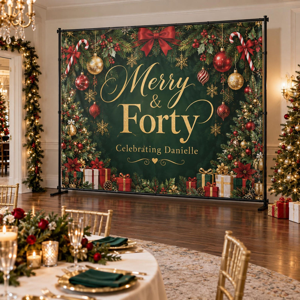 Dark green Merry and Forty birthday backdrop with gold lettering, Christmas ornaments and presents.