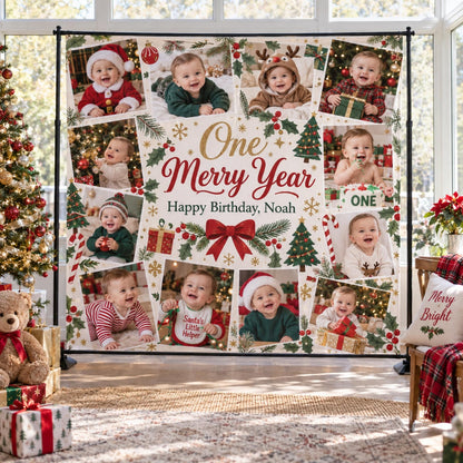 One Merry Year Christmas first birthday photo collage backdrop with a red bow and baby photos.