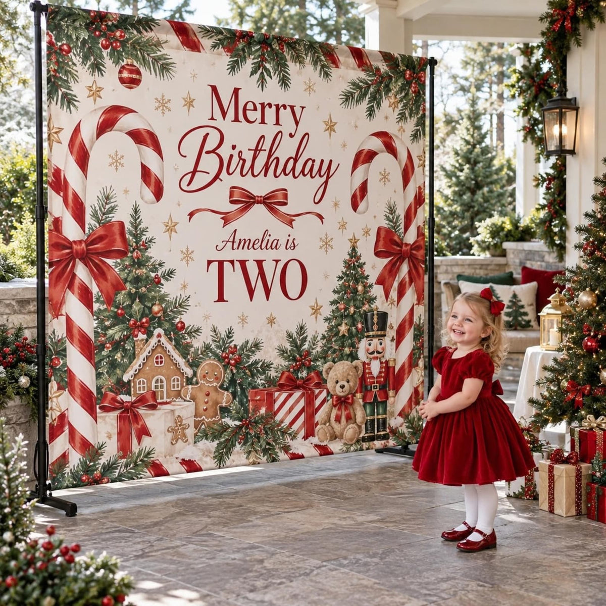 Merry Birthday second birthday backdrop with candy canes and gingerbread houses, shown beside a child.
