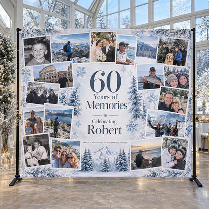 Winter-themed 60 Years of Memories birthday backdrop with a personalized photo collage.