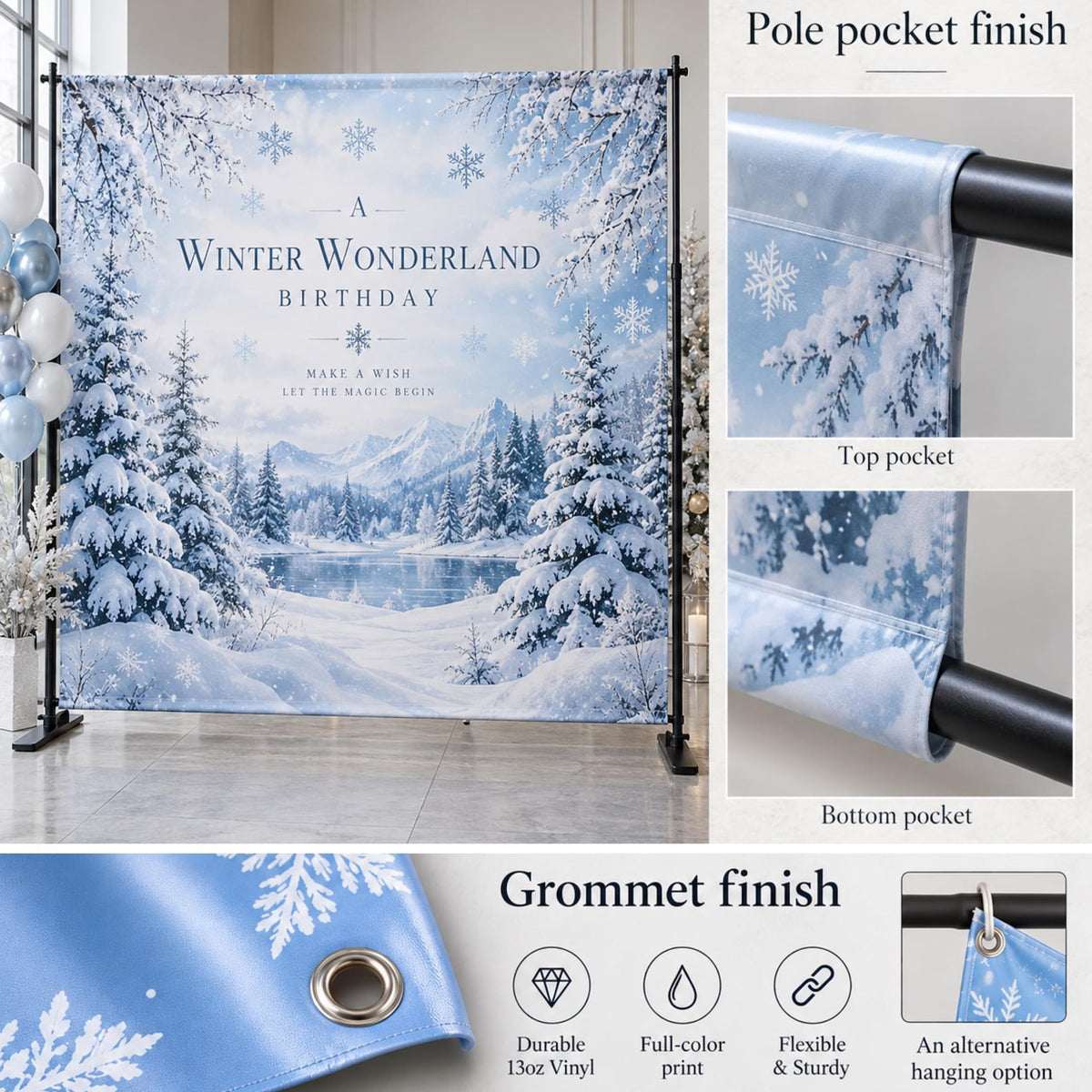 Winter Wonderland backdrop with close-ups of top and bottom pole pockets and a grommet.