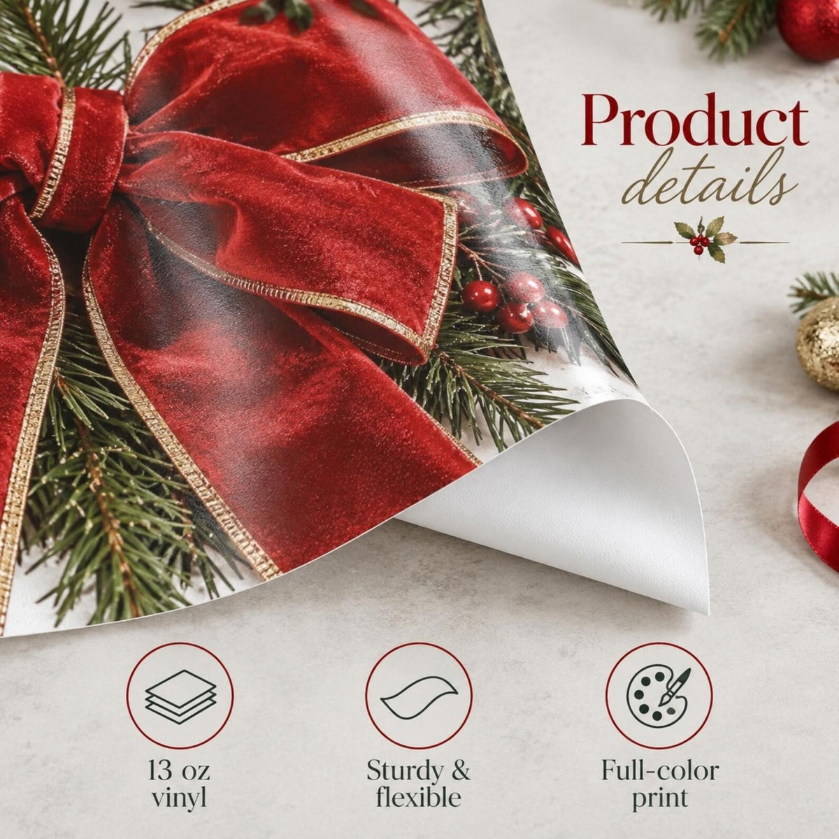 Close-up of Christmas-print flexible vinyl showing a red bow and full-color print detail.
