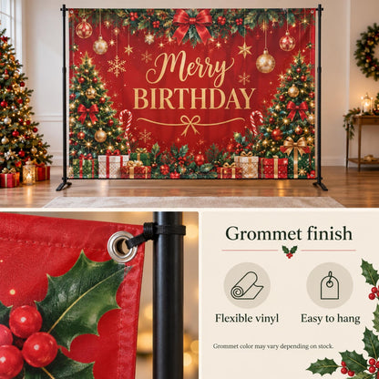 Red Merry Birthday Christmas backdrop with a close-up of its grommet finish.