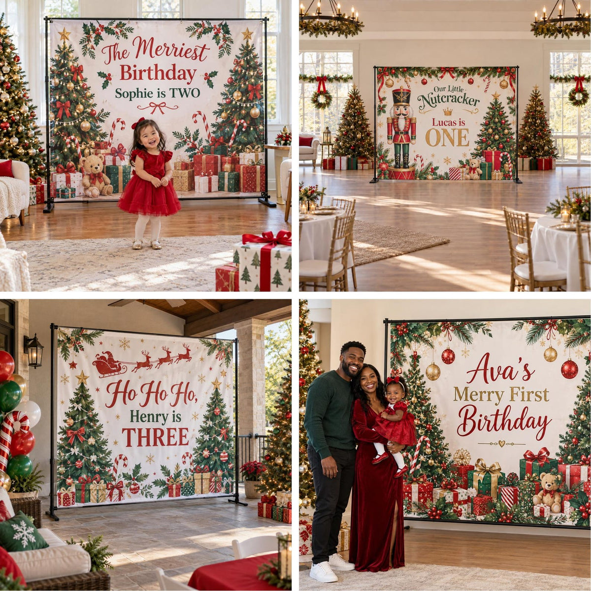 Four Christmas birthday backdrop design examples with personalized ages and holiday artwork.