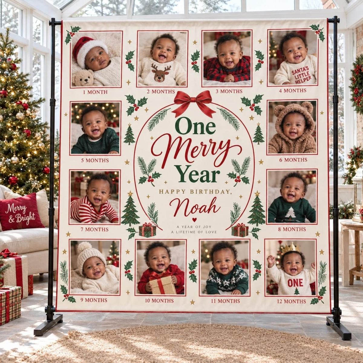 One Merry Year first birthday backdrop showing monthly baby photos in a Christmas collage.