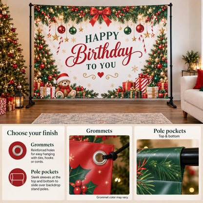 Christmas Happy Birthday backdrop with close-ups comparing grommet and pole pocket finishes.