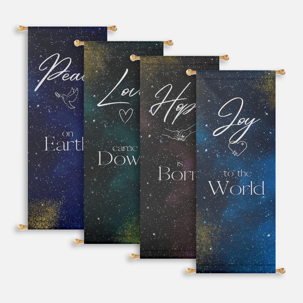 Christmas church banner set with Peace, Love, Hope and Joy on blue, green and purple backgrounds