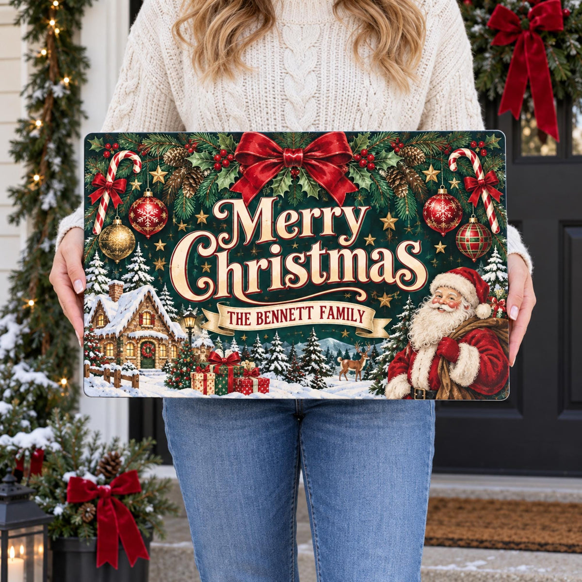Personalized Merry Christmas family sign held in front of a decorated doorway.