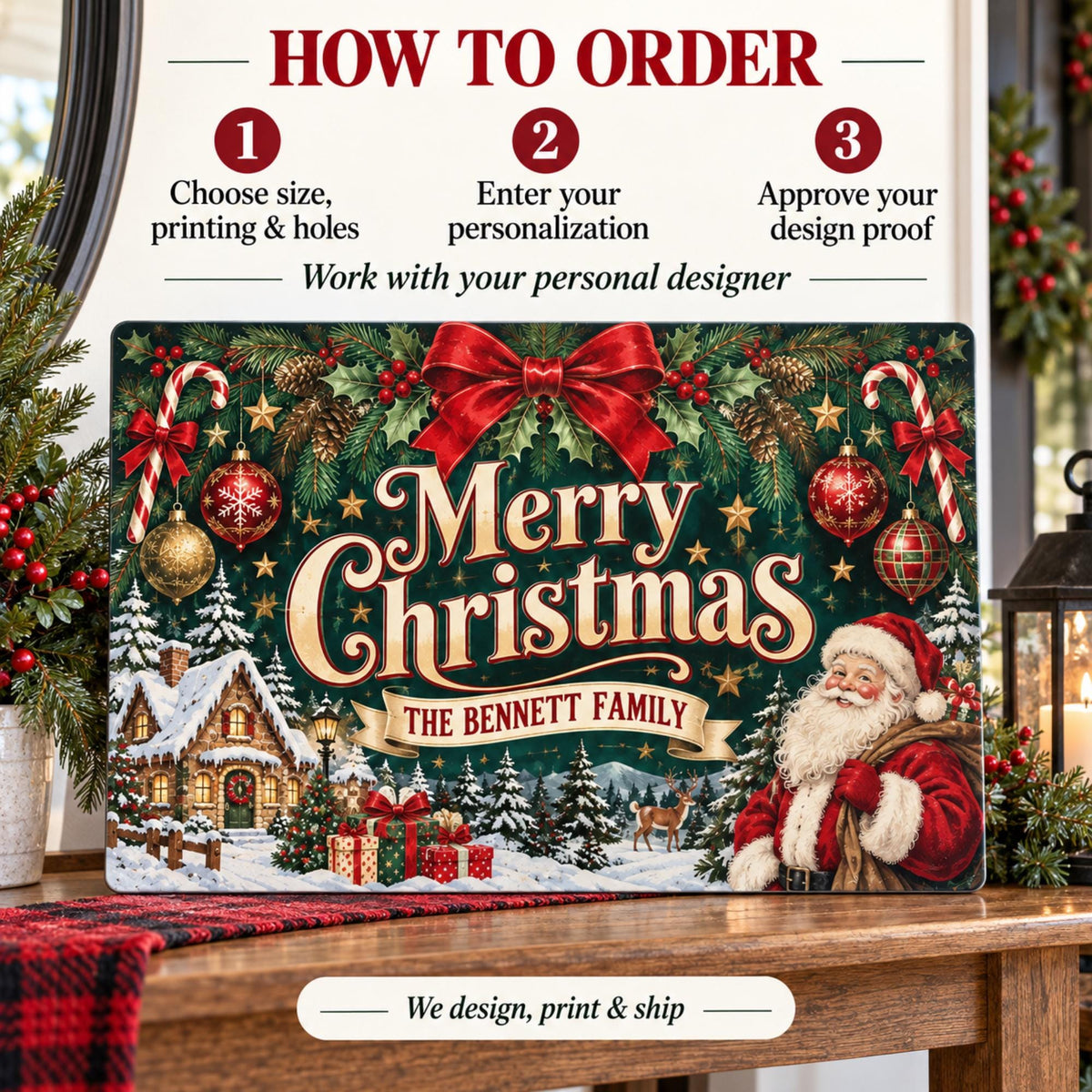 How to order a Christmas family sign: choose options, enter personalization and approve the proof.