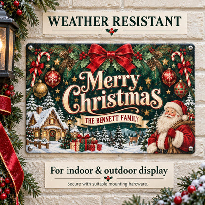 Weather-resistant Christmas family sign for indoor or outdoor display.