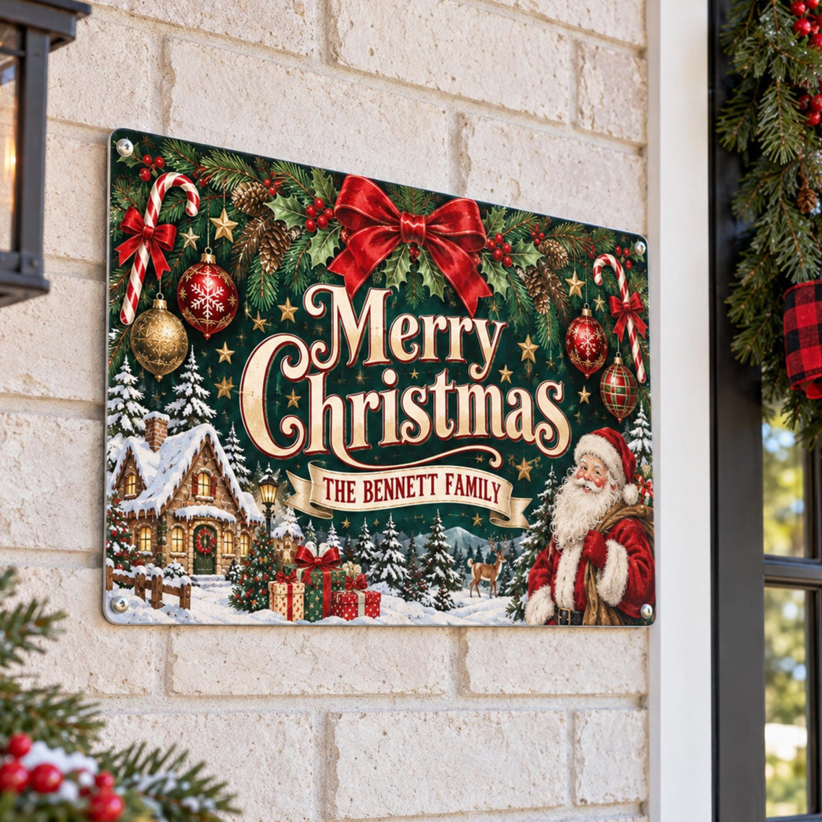 Christmas family sign mounted on a light brick wall.