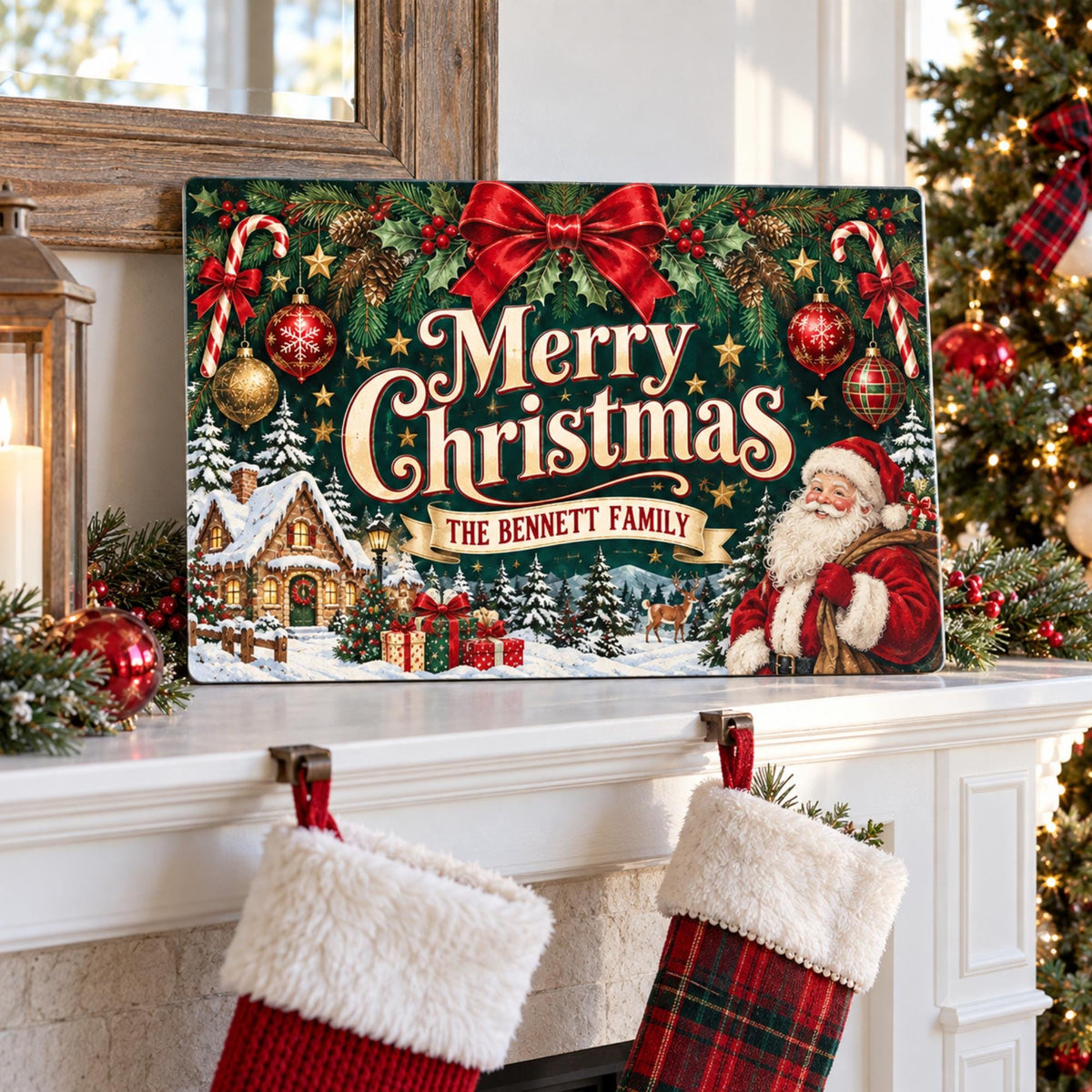 Personalized Christmas sign displayed above stockings on a mantel.