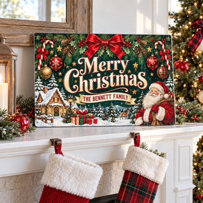 Personalized Christmas sign displayed above stockings on a mantel.