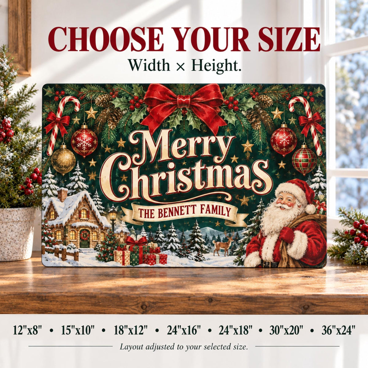 Christmas family sign size guide showing seven width-by-height options.