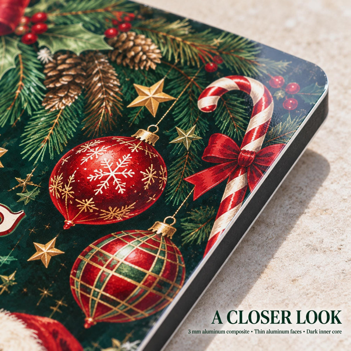 Close-up of the printed Christmas artwork and aluminum-composite sign edge.