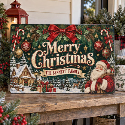Personalized Christmas family sign displayed on a wooden porch table.