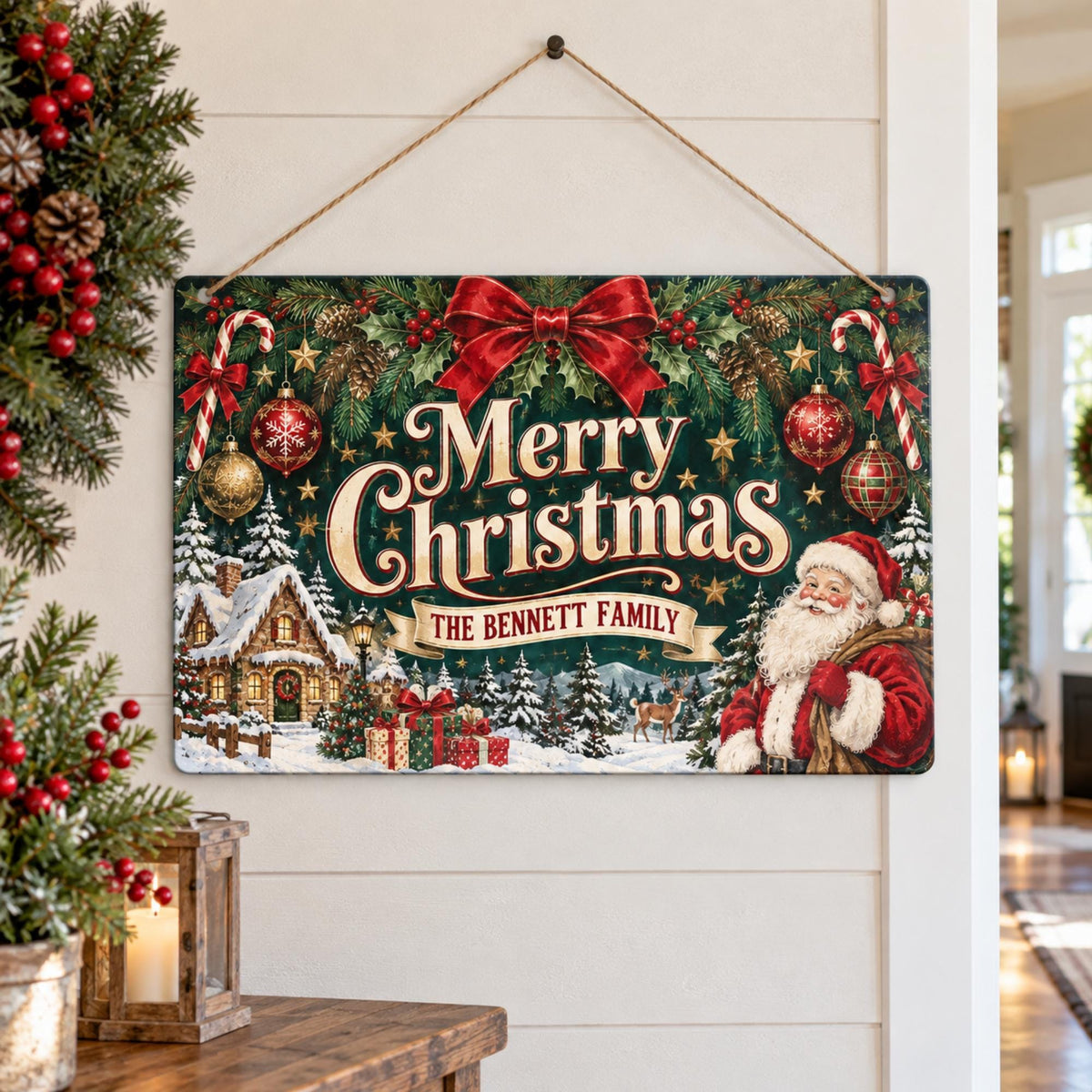 Christmas family sign hanging on a white paneled wall; hanging accessories not included.