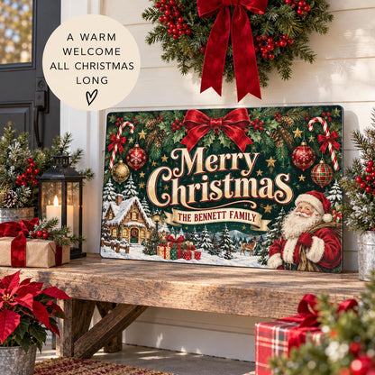 Christmas family sign styled beside a front door with festive decorations.