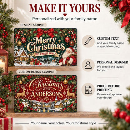 Personalization examples showing family names and custom wording.