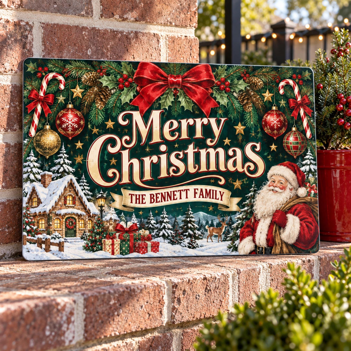 Christmas family sign displayed against a red brick wall.