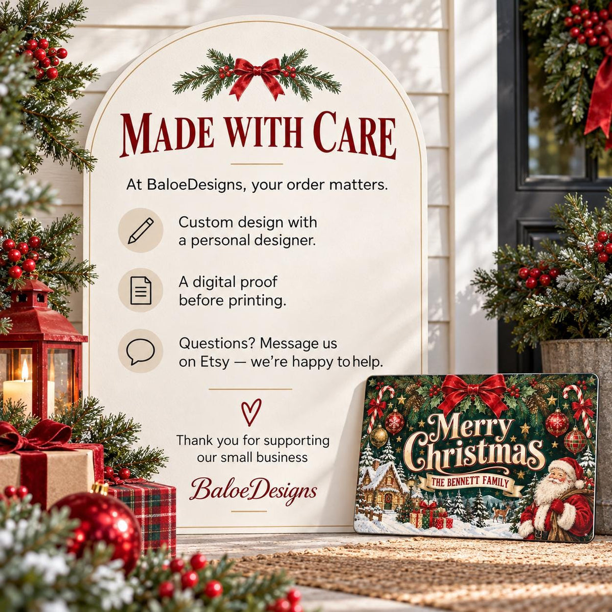 Custom design and proof-before-printing information for the Christmas family sign.