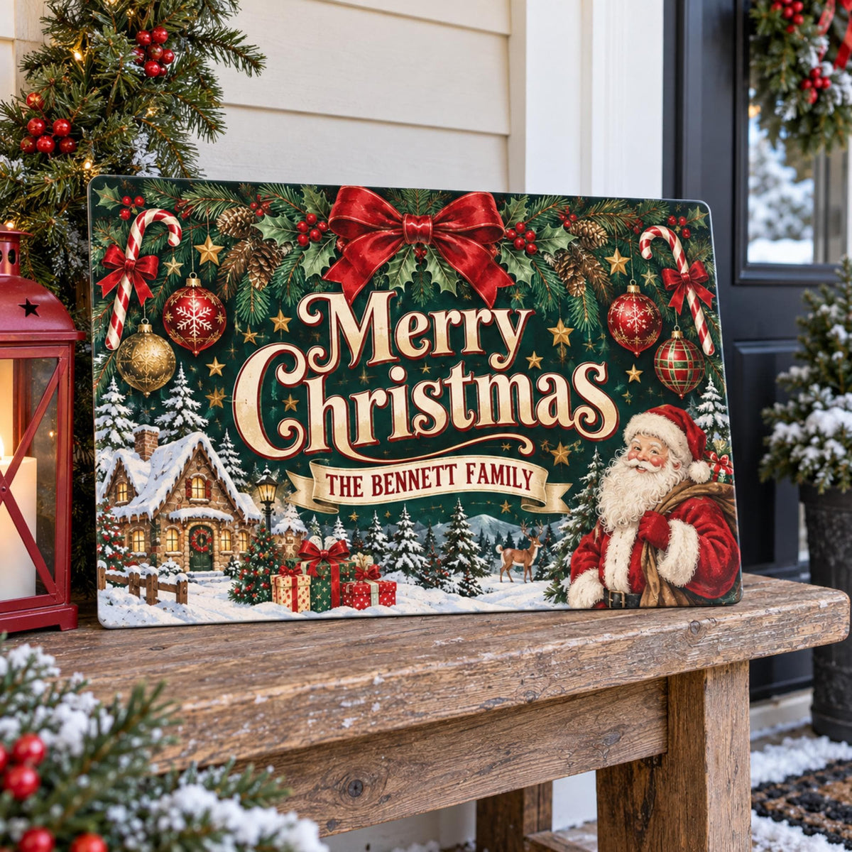 Christmas family sign displayed on a porch shelf beside greenery.