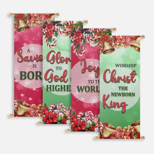 Pink and green Christmas church banners with candy canes poinsettias bells and scripture messages