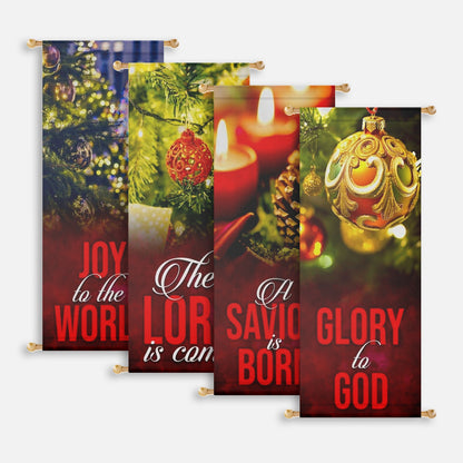 Christmas church banners with trees candles ornaments and Joy to the World messages