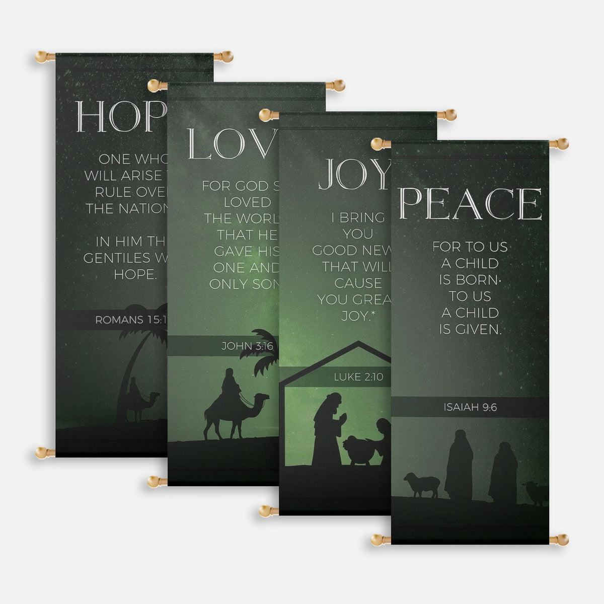 Green Christmas church banners featuring Hope Love Joy Peace Bible verses and nativity silhouettes