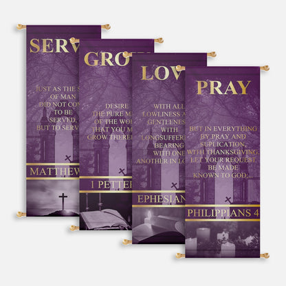 Purple and gold Serve Grow Love Pray church banners with Bible and cross imagery