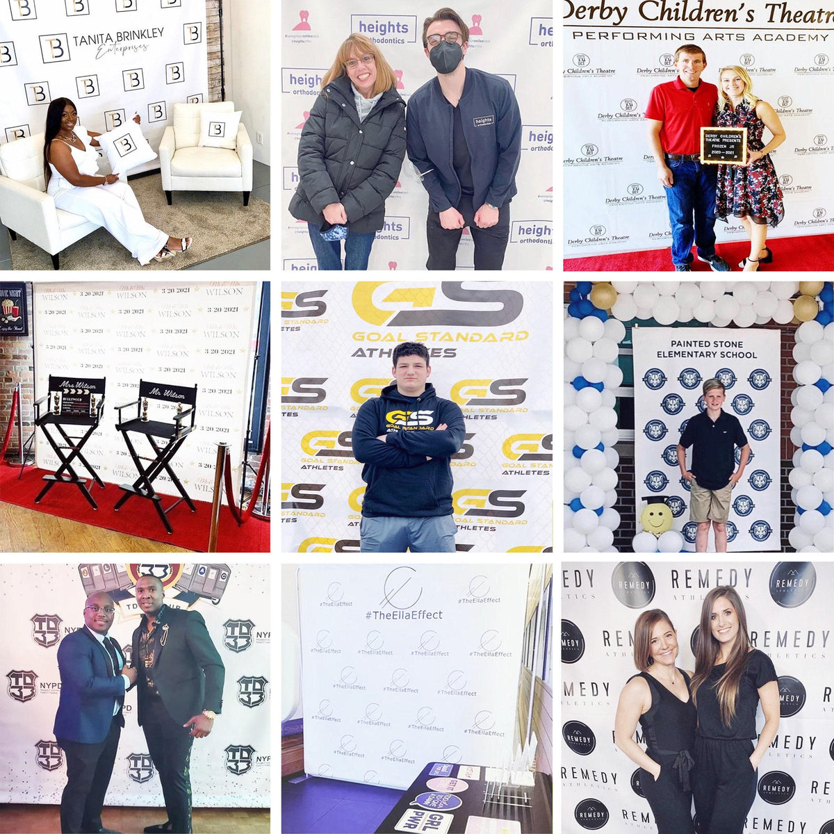 Custom backdrop design examples for parties and celebrations.