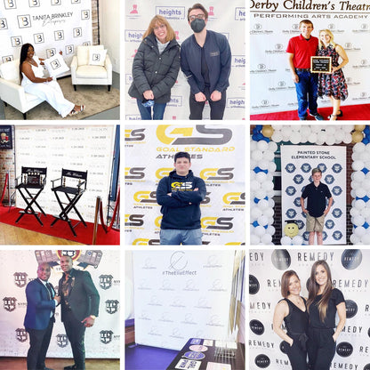 Custom backdrop design examples for parties and celebrations.