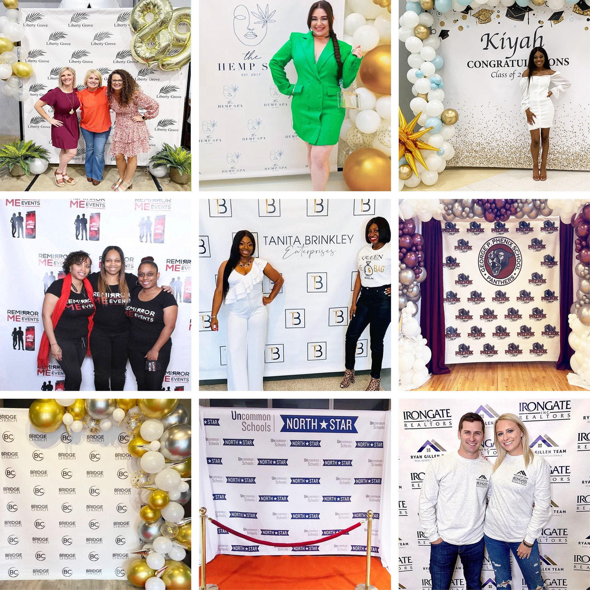 Personalized backdrop examples in different colors and layouts.
